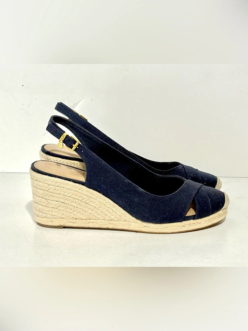 Ralph Lauren Navy Gold Canvas Espadrille Wedge Slingback Size 9 EUC